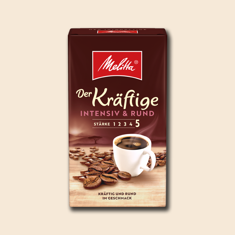 Image of a pack of melitta.momr Kräftige filter coffee on a beige background