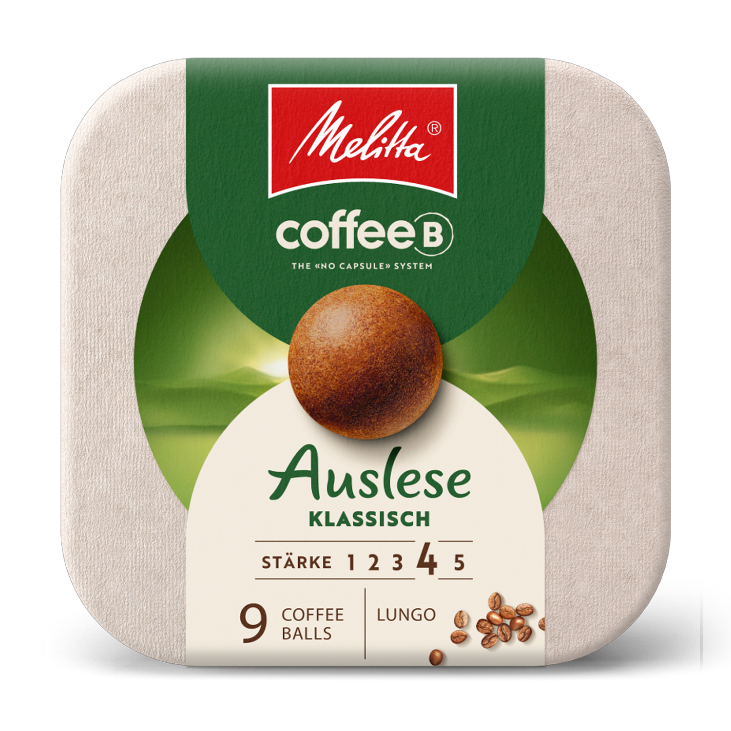 Kaffeetasse aus Glas gefüllt mit Kaffee vor Verpackung der Melitta® Auslese klassisch coffeeb Verpackung