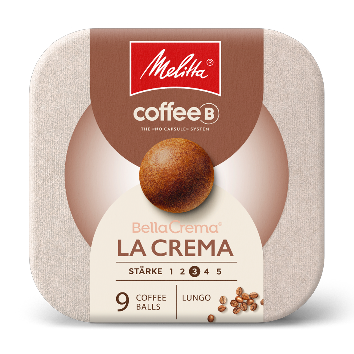 Verpackung von Melitta® coffeB Kapseln der Sorte BellaCrema LaCrema, Stärke 3 von 5, 9 Stück