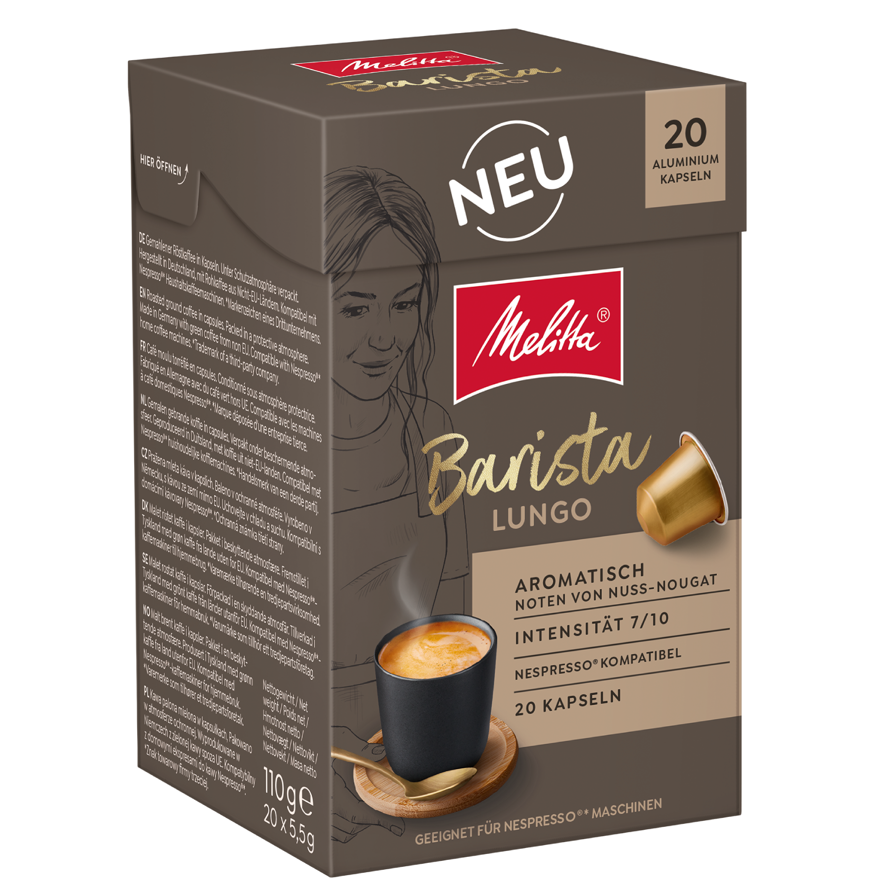 Seitenansicht der Verpackung von Melitta® Barista Lungo Kaffeekapseln, Intensität 7/10, 20 Kapseln