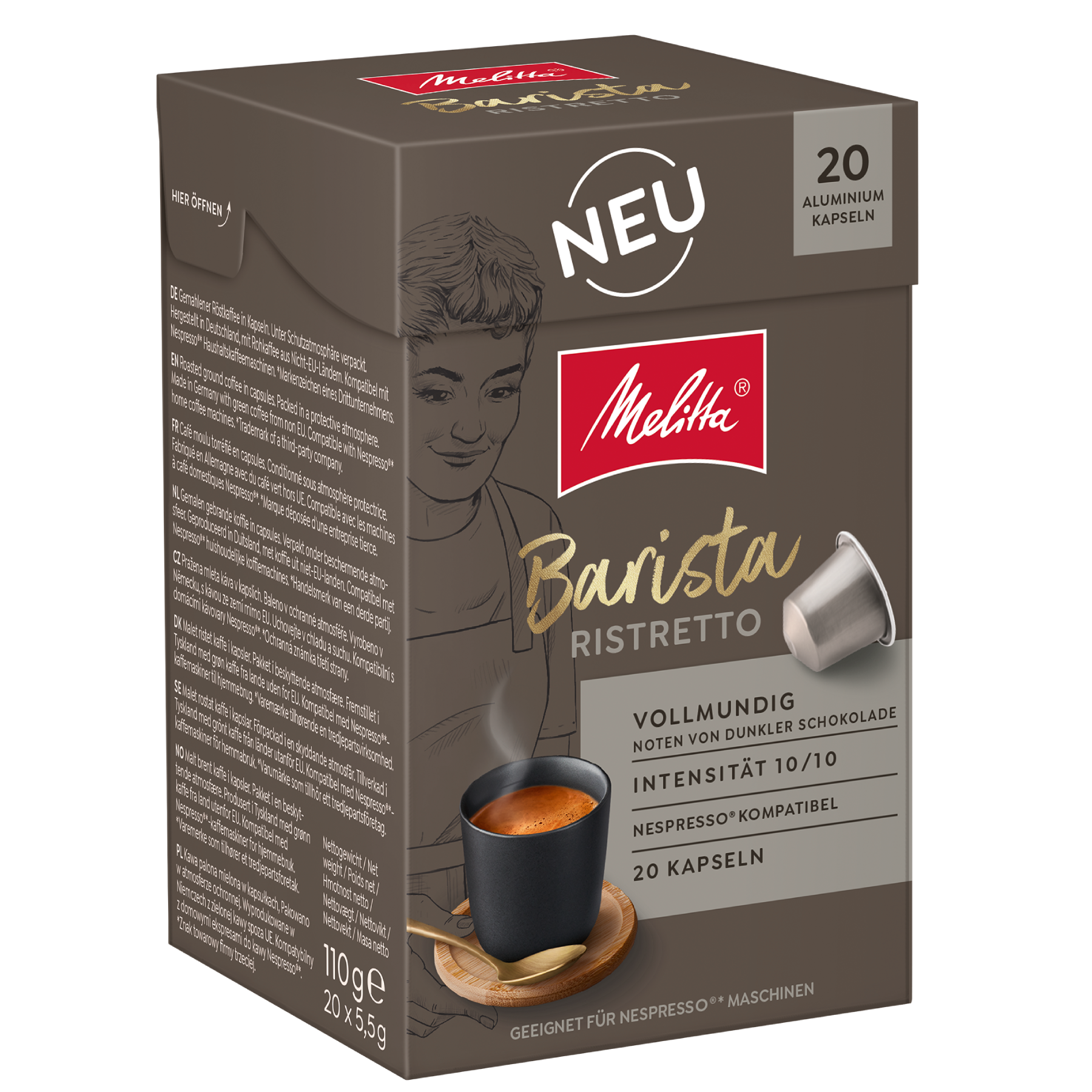 Seitenansicht der Verpackung von Melitta® Barista Ristretto Kaffeekapseln, Intensität 10/10, 20 Kapseln