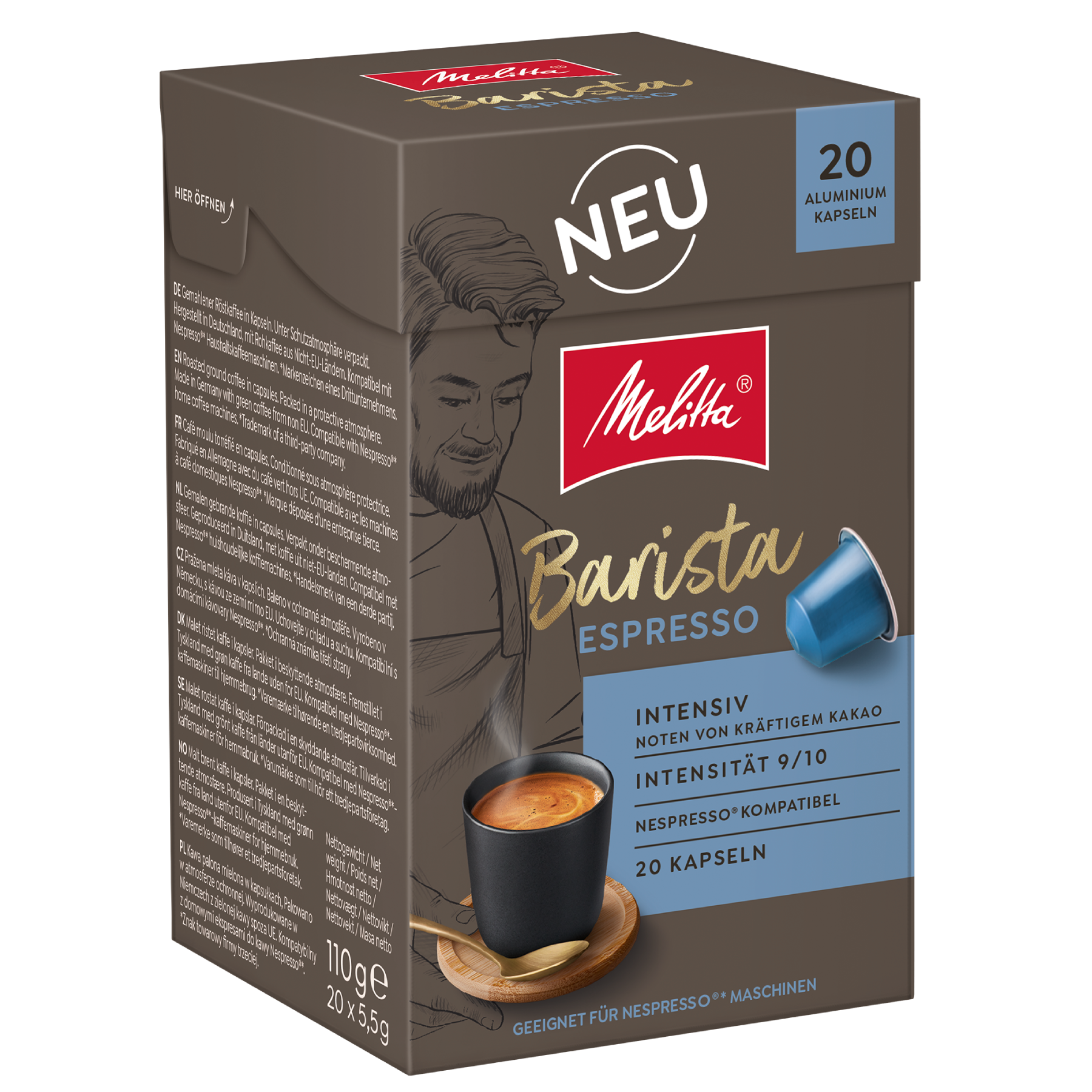Seitenansicht der Verpackung von Melitta® Barista Espresso Kaffeekapseln, Intensität 9/10, 20 Kapseln
