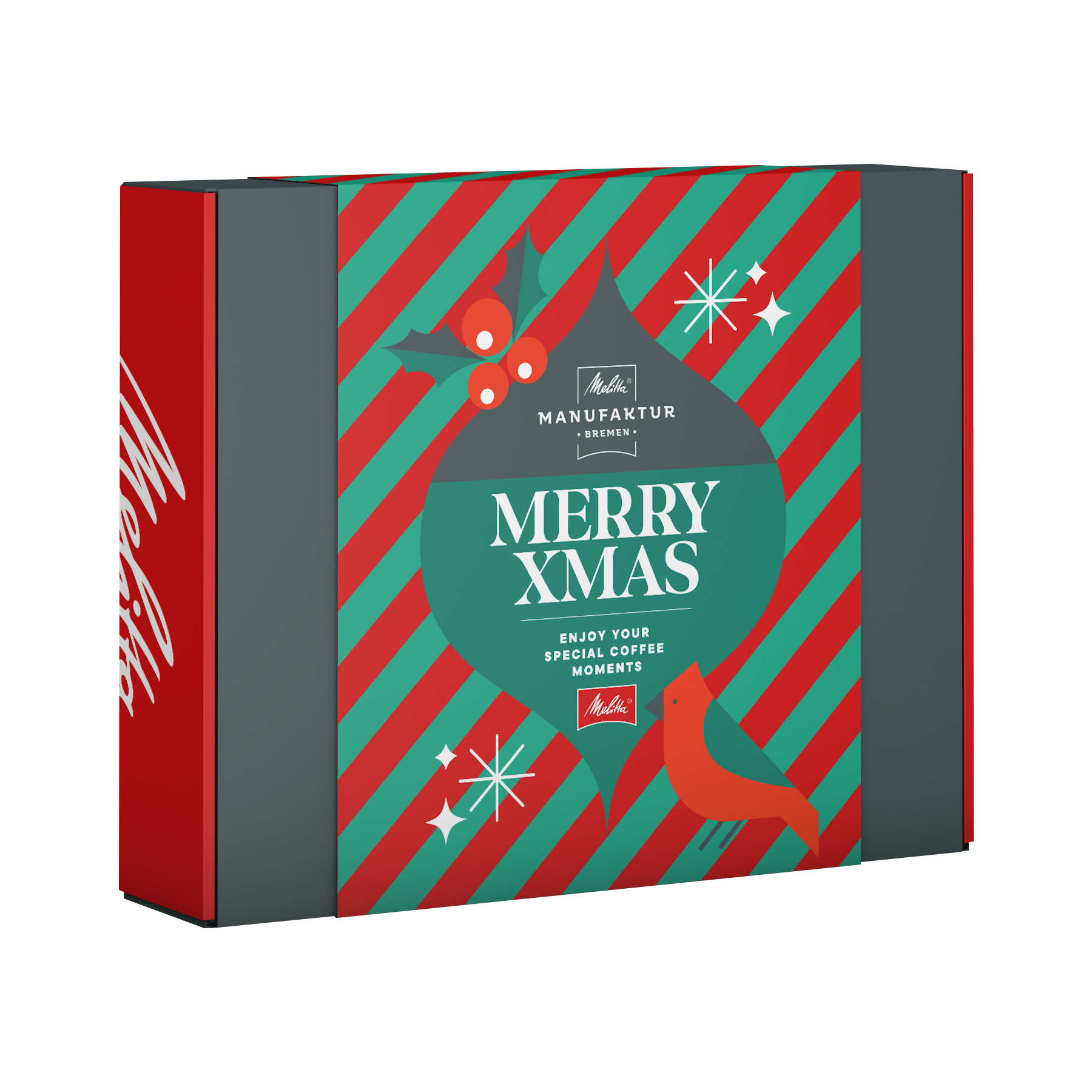 Verpackung vom Geschenkset der Melitta® Manufaktur, Aufschrift "Merry Xmas"