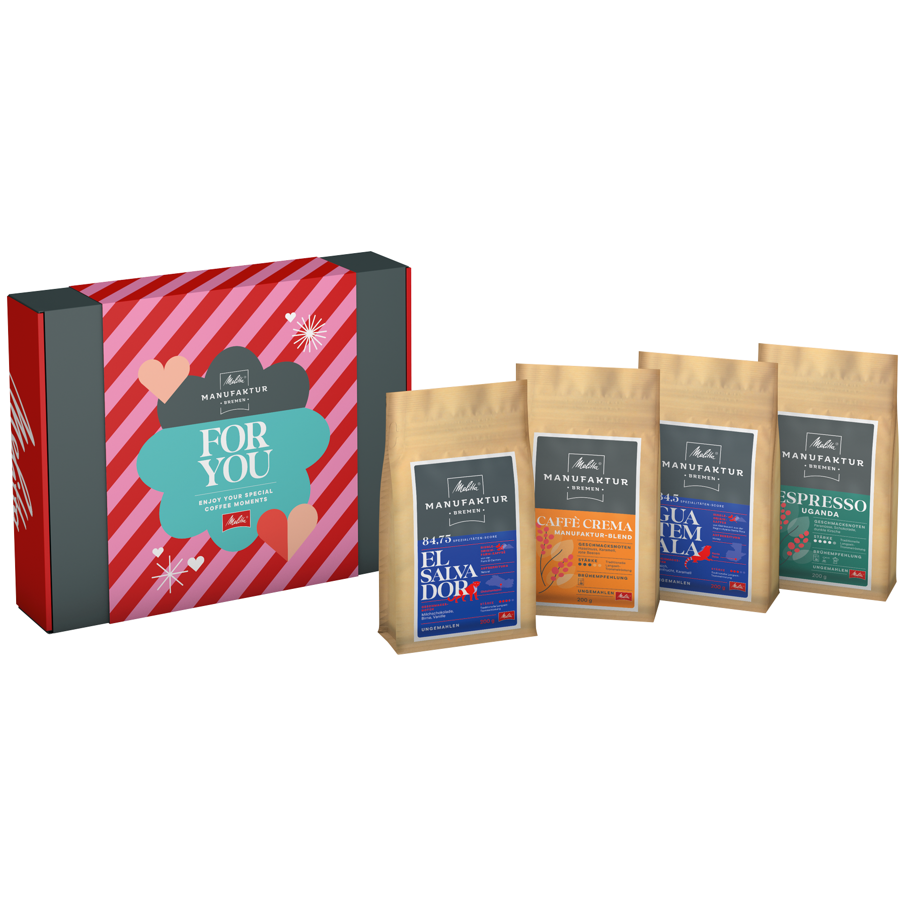 Verpackung vom Geschenkset der Melitta® Manufaktur, Aufschrift "For You", daneben 4x 200g Tüten Kaffee