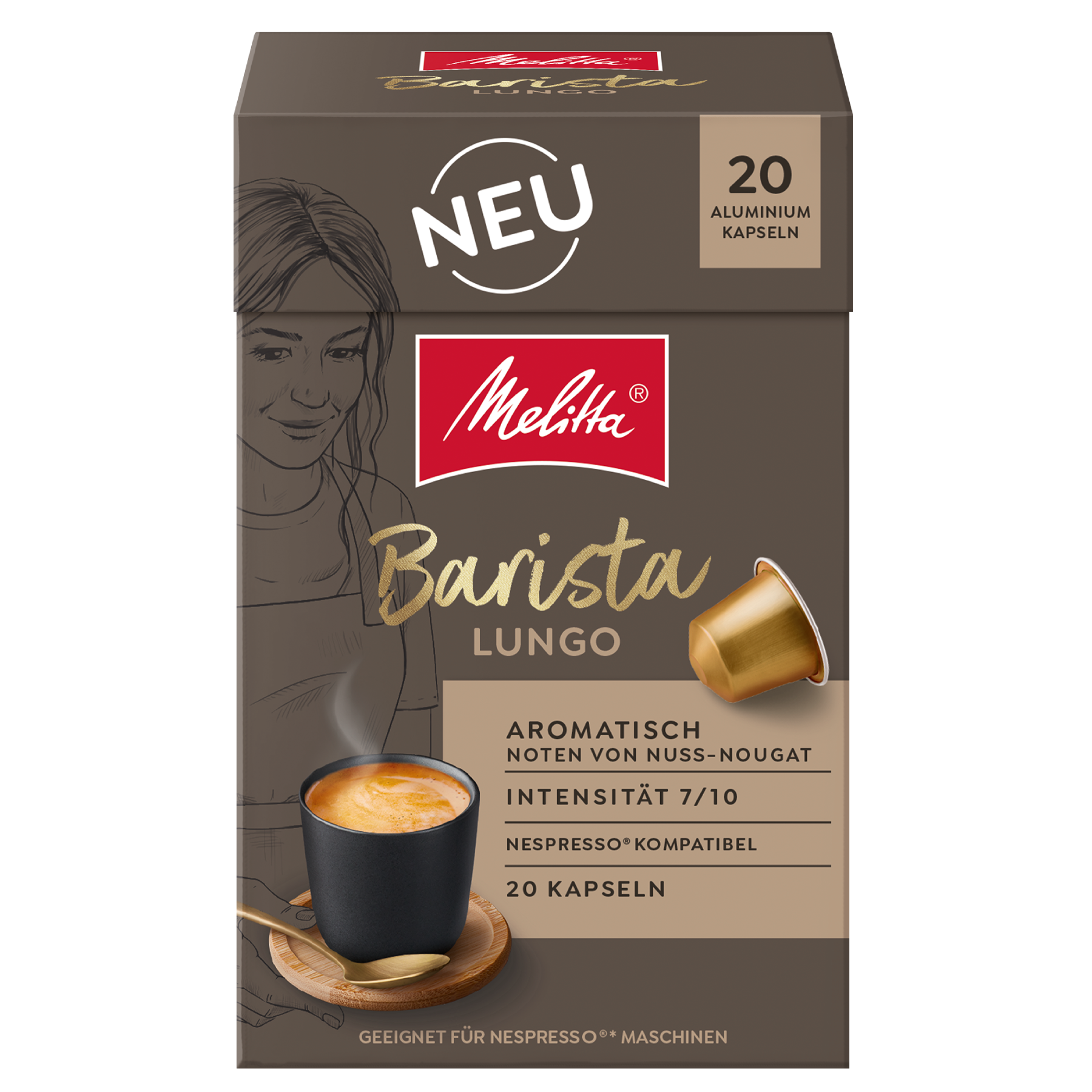 Verpackung von Melitta® Barista Lungo Kaffeekapseln, Intensität 7/10, 20 Kapseln