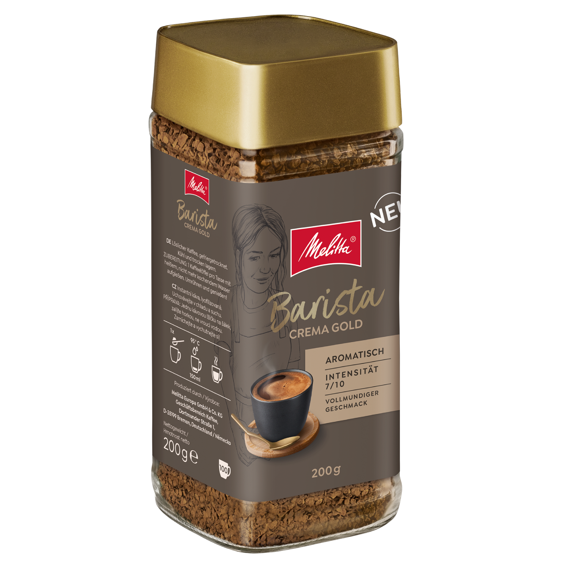 Seitenansicht der Verpackung von Melitta® Barista Crema Gold Instant Kaffee