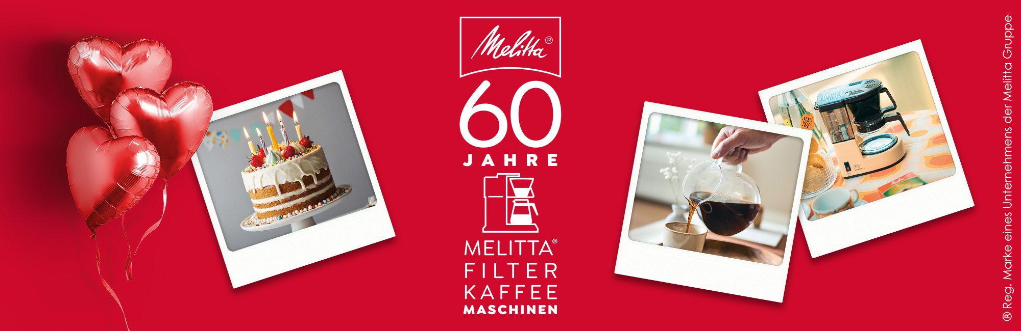 60 Jahre Filterkaffeemaschinen Herzluftballons, drei Polaroids Torte, Kaffeekanne, AromaBoy