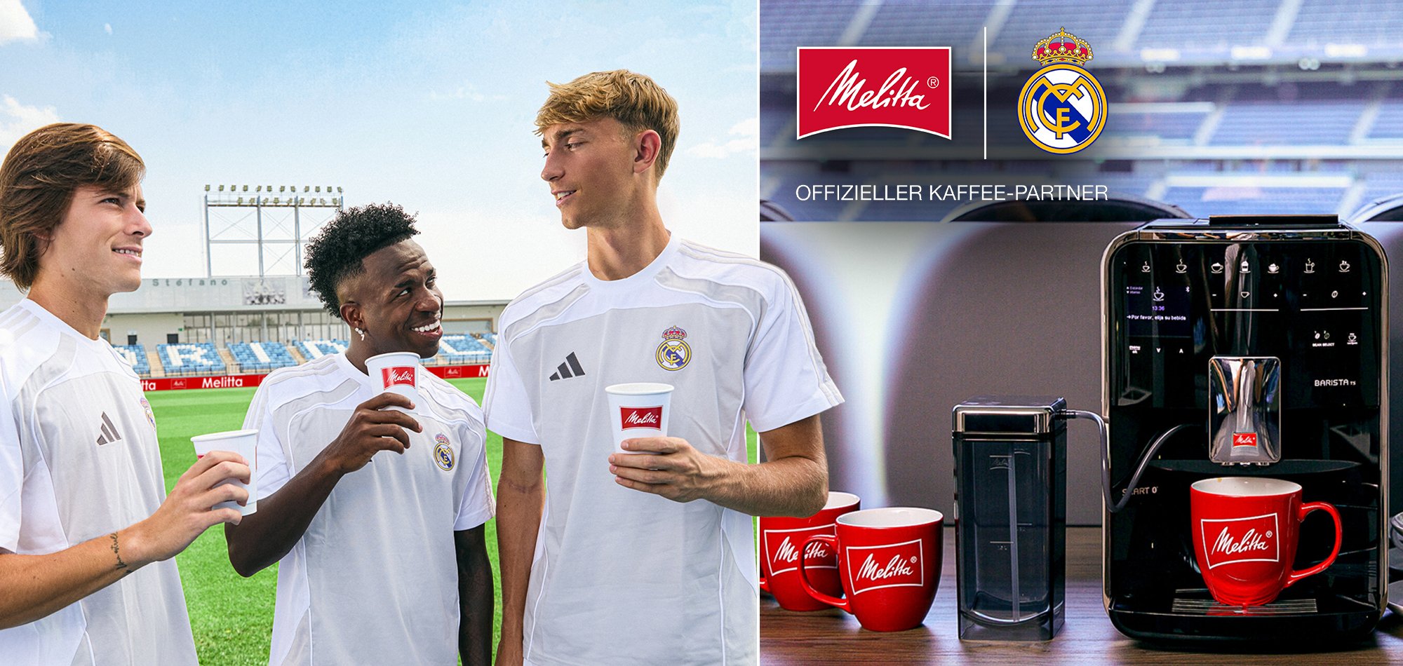 Linke Seite Real Madrid Spieler beim Kaffee trinken und rechte Seite Melitta Kaffeevollautomat mit roten Melitta Tassen