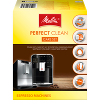 Verpackung Perfect Clean Care Set, Symbole für die enthaltenen Pflegeprodukte: Mikrofasertuch, Entkalker, Reinigungstabletten, Wasserfilter und Reinigungsbürste
