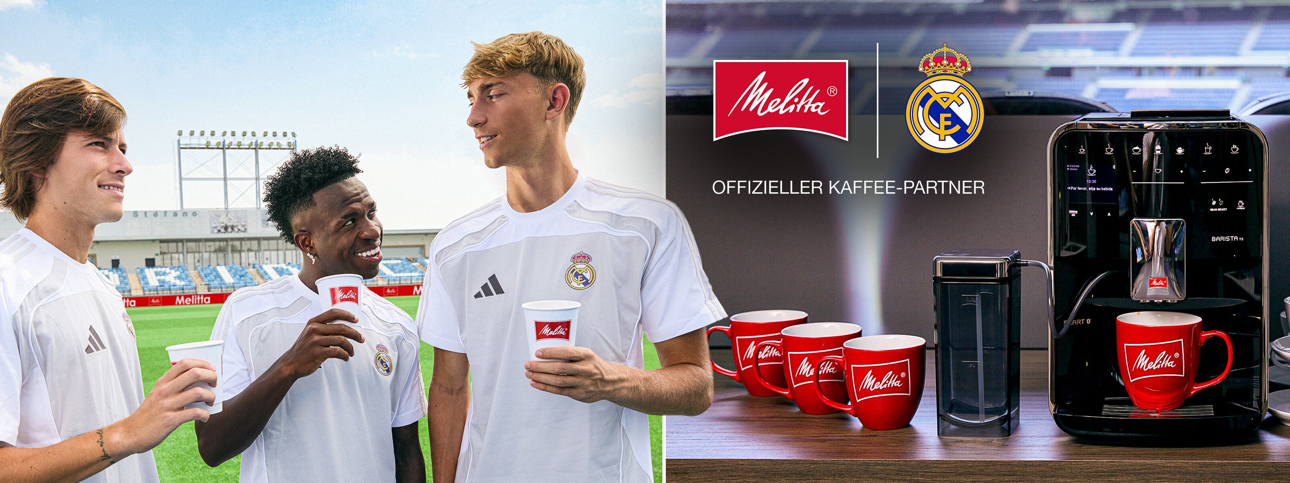 Linke Seite Real Madrid Spieler beim Kaffee trinken und rechte Seite Melitta Kaffeevollautomat mit roten Melitta Tassen