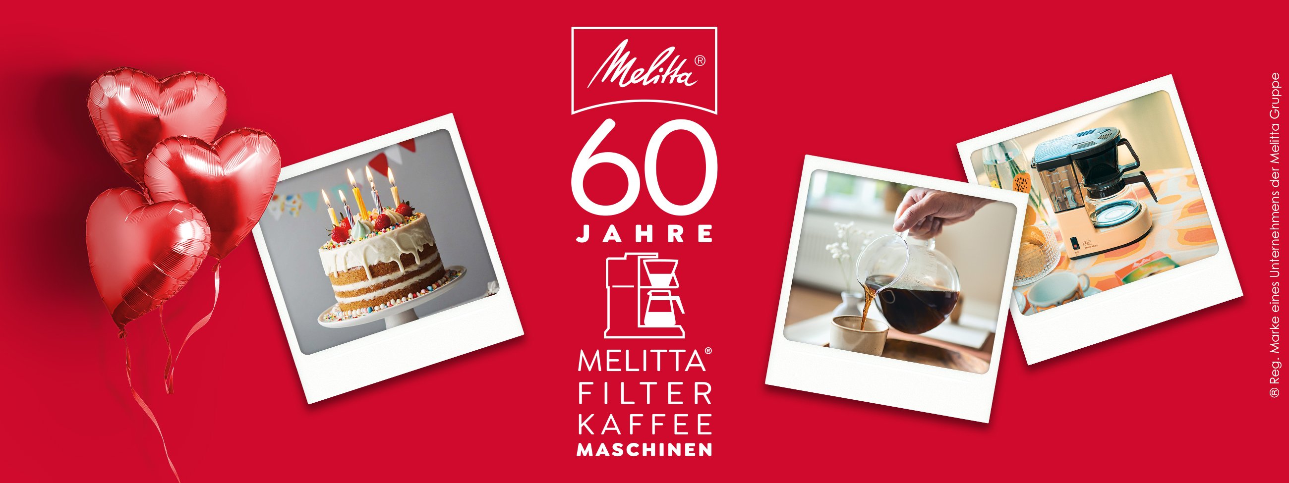 60 Jahre Filterkaffeemaschinen Herzluftballons, drei Polaroids Torte, Kaffeekanne, AromaBoy