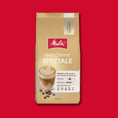 Melitta BellaCrema SpecialeKaffeepackung auf rotem Hintergrund