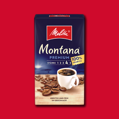 Melitta Filterkaffee Montana Kaffeepackung auf rotem Hintergrund