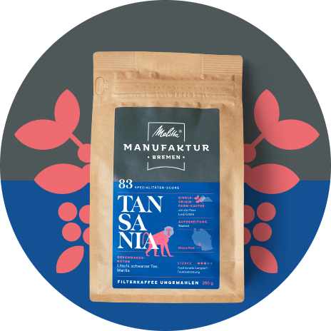 Melitta Manufaktur Kaffee „Tansania“ Produktbild auf blauem und grauem Hintergrund