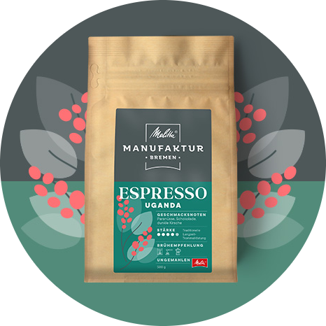 Melitta Manufaktur Kaffee „Espresso Uganda “ Produktbild auf grün und grauem Hintergrund