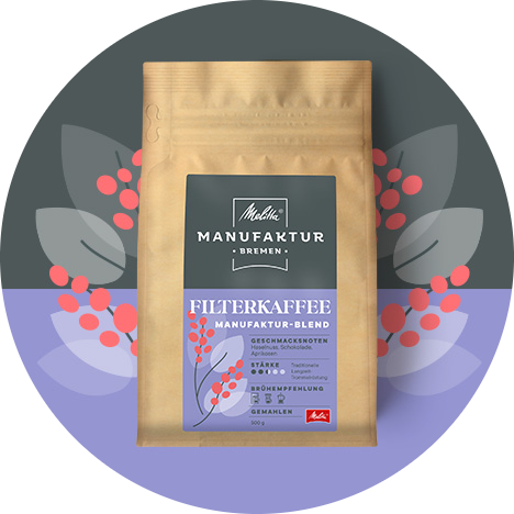 Melitta Manufaktur Kaffee „Filterkaffee“ Produktbild auf lila und grauem Hintergrund