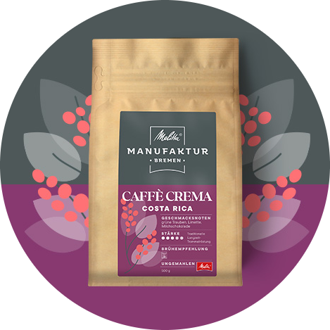 Melitta Manufaktur Kaffee „Caffe Crema Costa Rica“ Produktbild auf lila und grauem Hintergrund