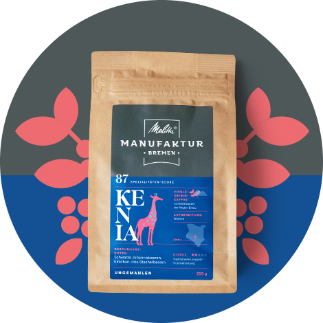 Melitta Manufaktur Kaffee „Kenia“ Produktbild auf blauem und grauem Hintergrund