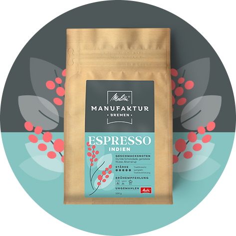 Melitta Manufaktur Kaffee „Espresso“ Produktbild auf hellblau und grauem Hintergrund