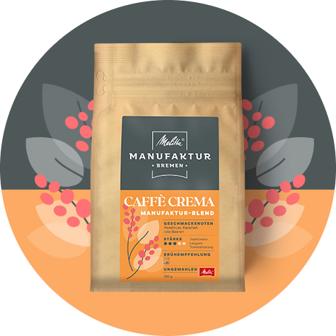 Melitta Manufaktur Kaffee „Caffe Crema “ Produktbild auf orange und grauem Hintergrund