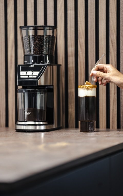 Melitta Calibra coffee grinder along with a delicious Mexican Coffee Cocktail